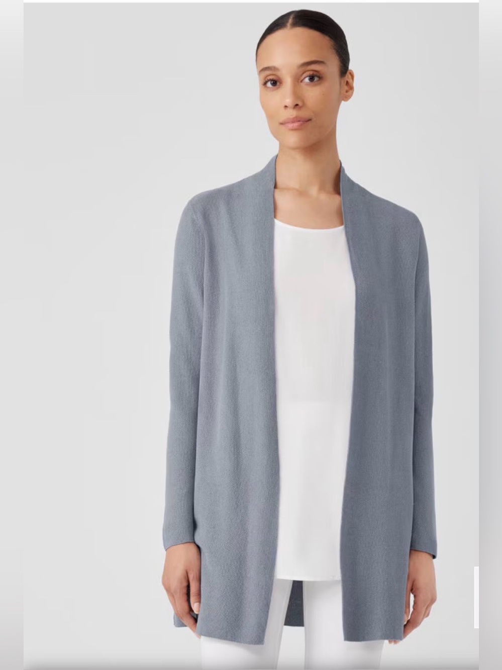 Eileen Fisher Light Gray Open-Front Womenโs Sweater Cardigan linen cotton NEW